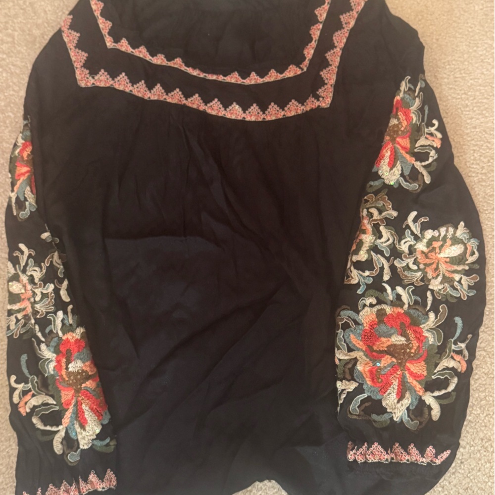 Sundance Black Bohemian Embroidered Artists Vision Blouse - Long Sleeve